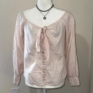 Free People Off the Shoulder Peasant Blouse Womens Medium Pink Striped Tie Front
